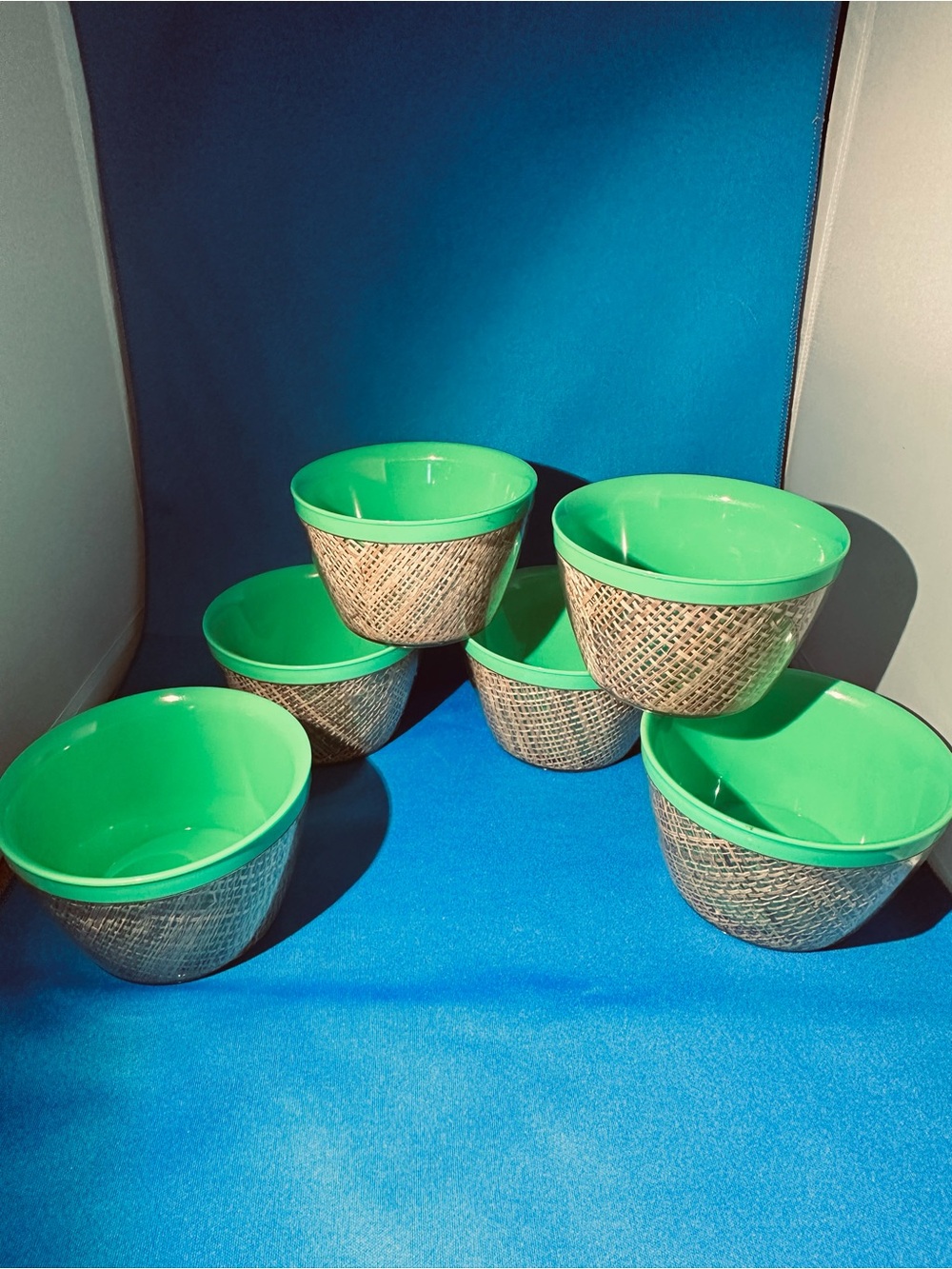 Vintage Raffiaware Melamine Bowls 6 Thermo-Temp EUC green no chips or cracks